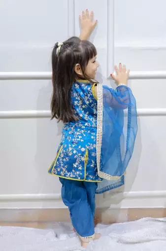 Peacock blue embroidered silk kurta with dhoti and dupatta