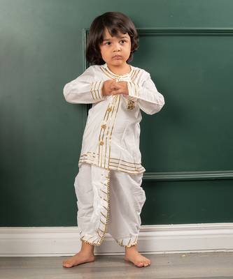 Off white chanderi embroidered gota lace kurta and dhoti pant set 2