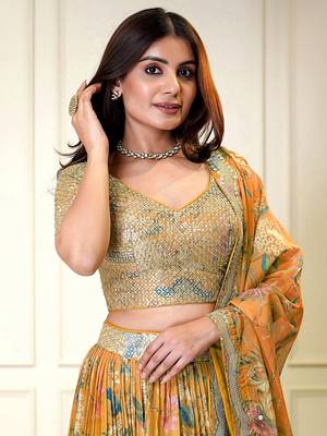orange sequins organza lehenga set choli with dupatta with dupatta 2