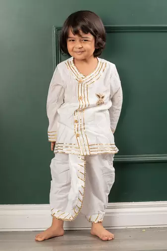 Off white chanderi embroidered gota lace kurta and dhoti pant set