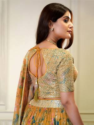 orange sequins organza lehenga set choli with dupatta with dupatta 5