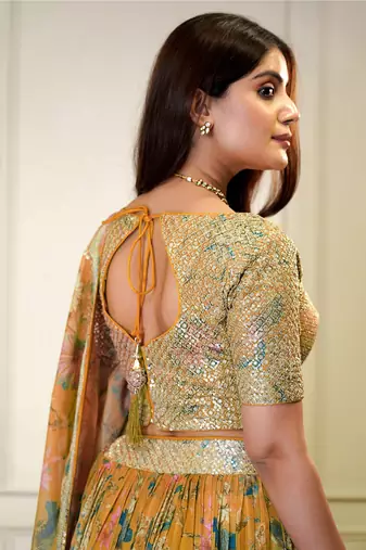 orange sequins organza lehenga set choli with dupatta with dupatta