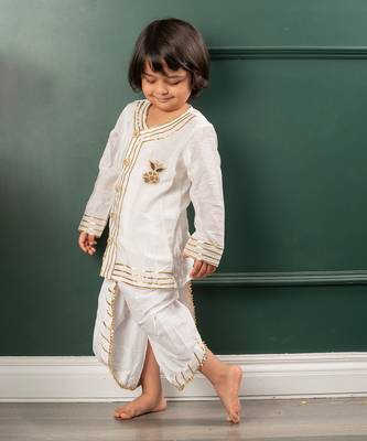 Off white chanderi embroidered gota lace kurta and dhoti pant set 1