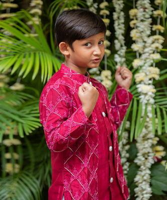 Maroon chanderi silk embroidered floral kurta and pyjama set 5