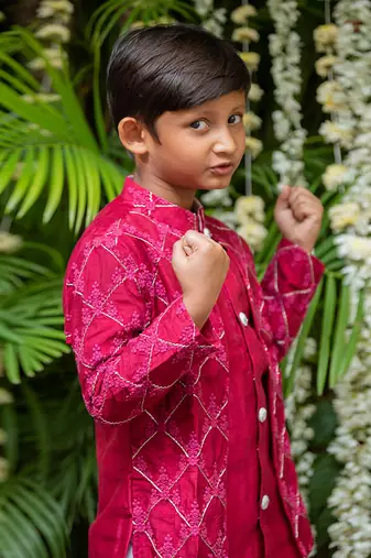 Maroon chanderi silk embroidered floral kurta and pyjama set