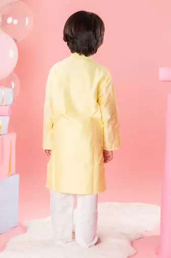 Yellow pure chanderi silk embroidered floral kurta and pyjama set