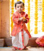 Orange pure cotton printed ikat kurta and dhoti pant set