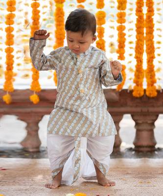 Grey cotton printed foil pattern kurta and dhoti pant set 1