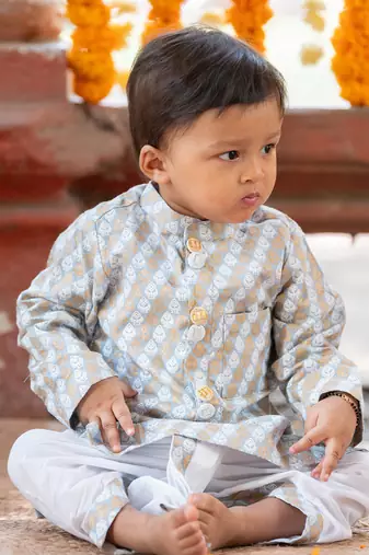 Grey cotton printed foil pattern kurta and dhoti pant set