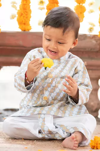 Grey cotton printed foil pattern kurta and dhoti pant set