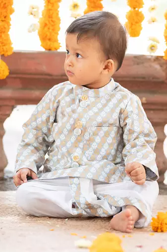 Grey cotton printed foil pattern kurta and dhoti pant set