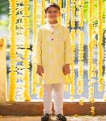 Lemon green crepe silk & cotton silk thread embroidered kurta set