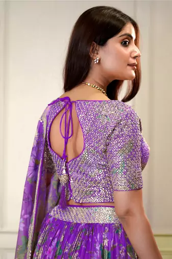 purple sequins embroidered organza lehenga set choli with dupatta
