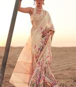 Cream Handloom Linen Jacquard Woven With Digital Print Saree With Blouse