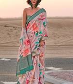 Light Pink Handloom Linen Jacquard Woven With Digital Print Saree With Blouse
