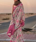 Light Grey Handloom Linen Jacquard Woven With Digital Print Saree With Blouse