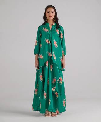 Green printed swiss satin dress 1