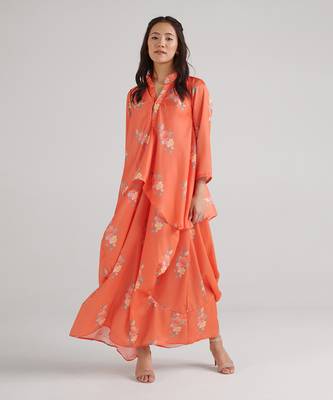 Orange printed swiss satin dress 1