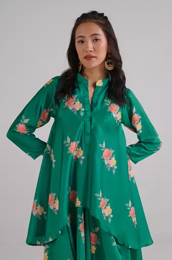Green printed swiss satin dress