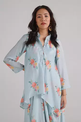 Blue printed swiss satin kurti dress