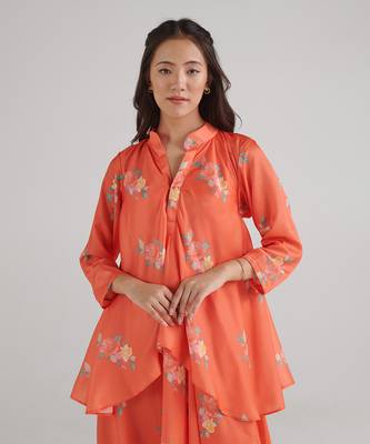 Orange printed swiss satin dress 2