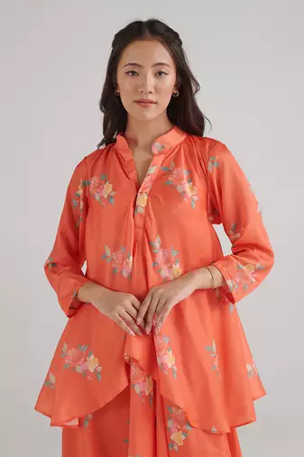 Orange printed swiss satin dress