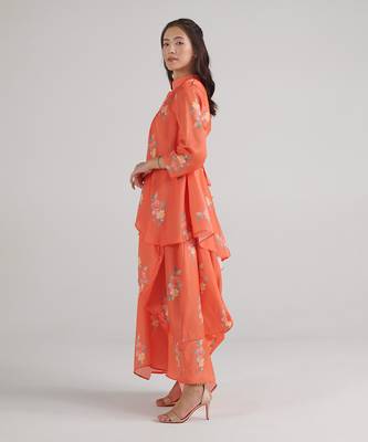 Orange printed swiss satin dress 3