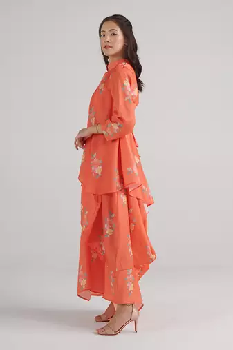 Orange printed swiss satin dress