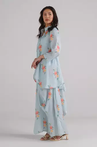 Blue printed swiss satin kurti dress