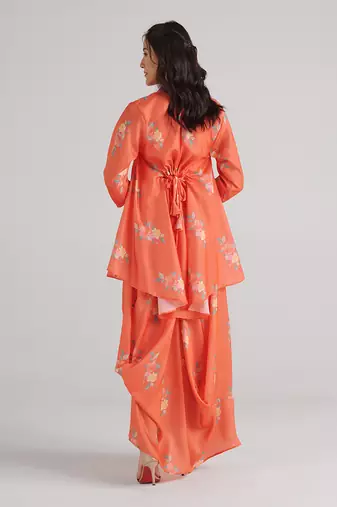 Orange printed swiss satin dress