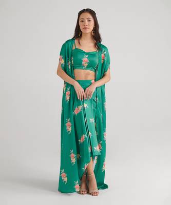 Green Draped Skirt Set with Cape 1