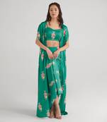 Green Draped Skirt Set with Cape