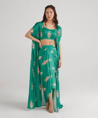 Green Draped Skirt Set with Cape 2