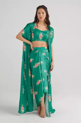 Green Draped Skirt Set with Cape