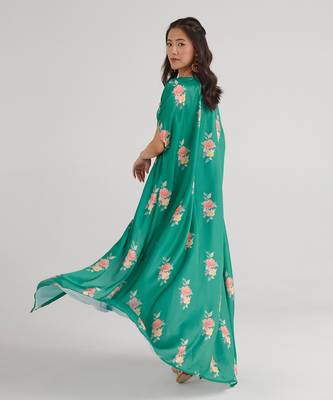Green Draped Skirt Set with Cape 3