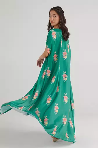 Green Draped Skirt Set with Cape