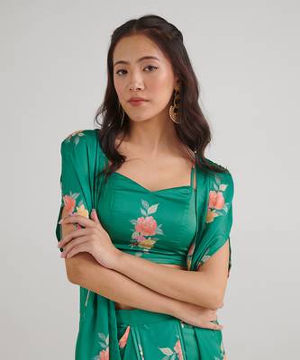 Green Draped Skirt Set with Cape 4