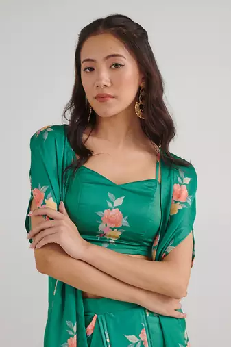 Green Draped Skirt Set with Cape