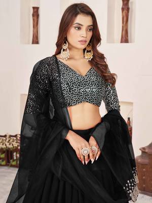 black georgette sequin work lehenga set choli with dupatta 5