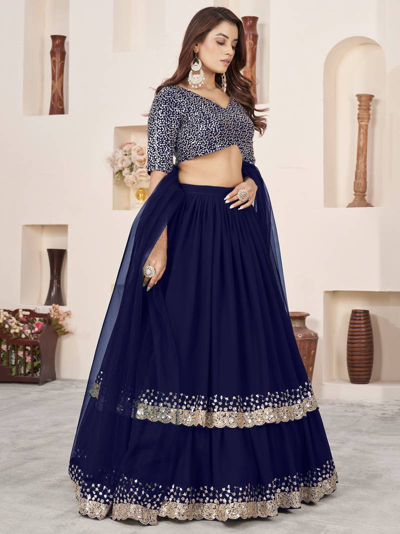 Stunning Blue Sequins Georgette Wedding Wear Lehenga Choli