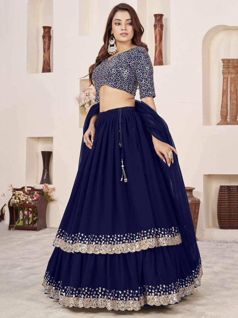 Stunning Blue Sequins Georgette Wedding Wear Lehenga Choli