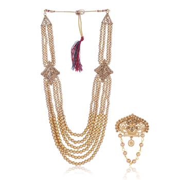   groom sherwani necklace layered Moti mala for wedding | groom mala with brooch set 2