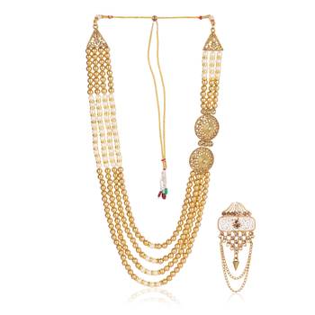   groom sherwani necklace layered Moti mala for wedding | groom mala with brooch set	 2