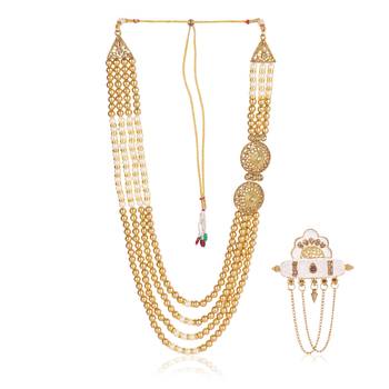   groom sherwani necklace layered Moti mala for wedding | groom mala with brooch set 2