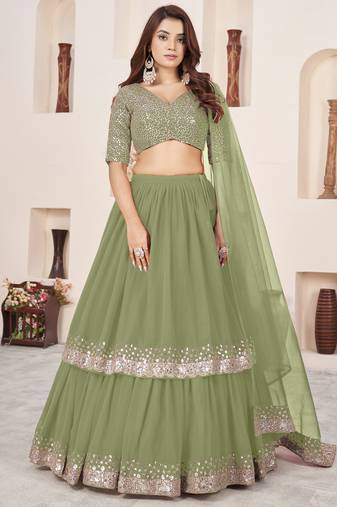 Wonderful Olive Sequins Georgette Wedding Wear Lehenga Choli