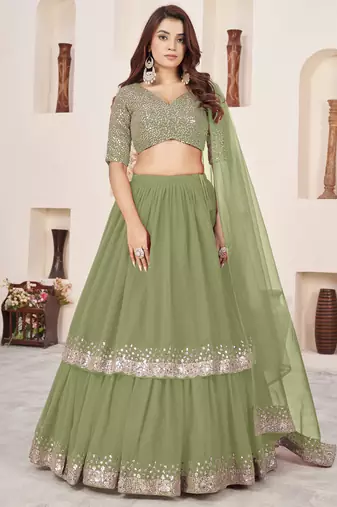 Wonderful Olive Sequins Georgette Wedding Wear Lehenga Choli