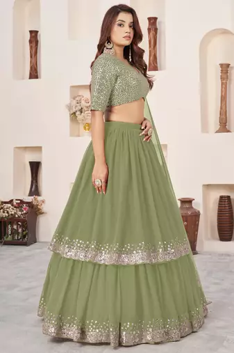 Wonderful Olive Sequins Georgette Wedding Wear Lehenga Choli