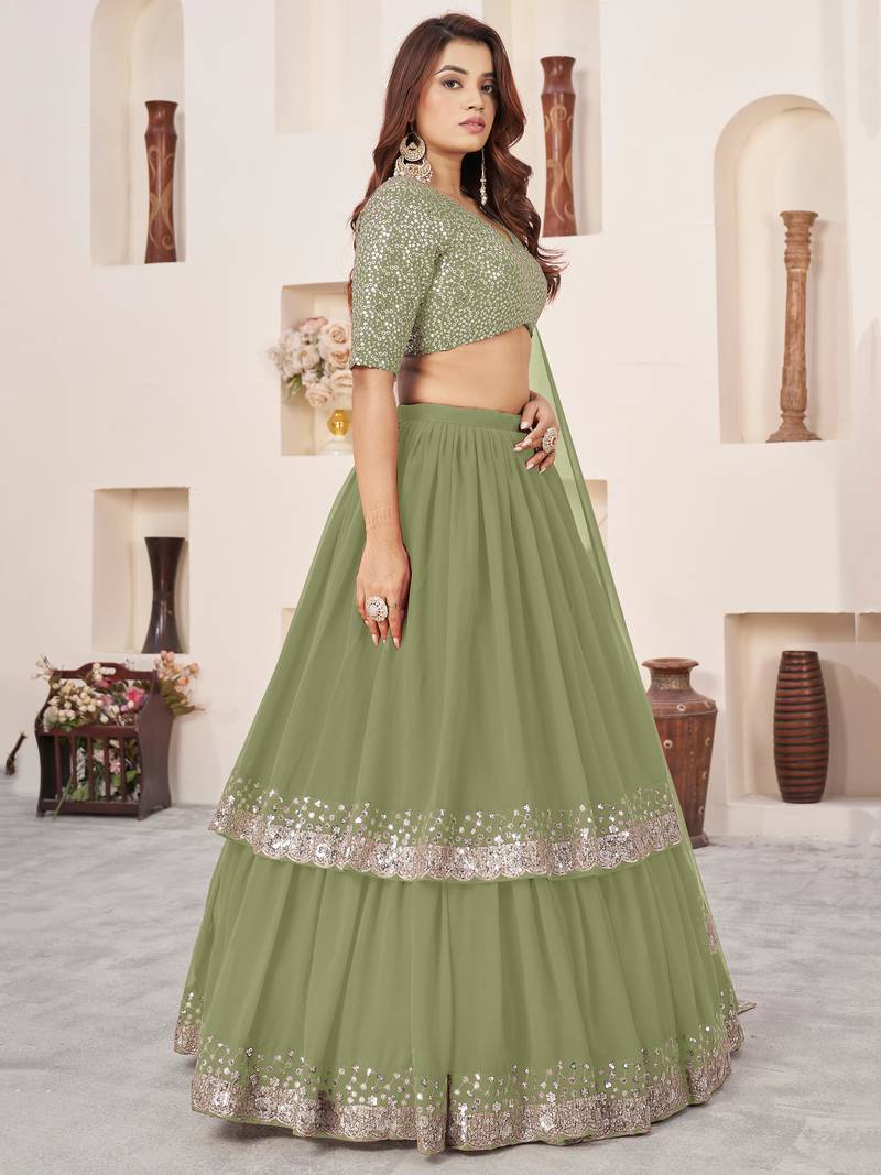 Wonderful Olive Sequins Georgette Wedding Wear Lehenga Choli