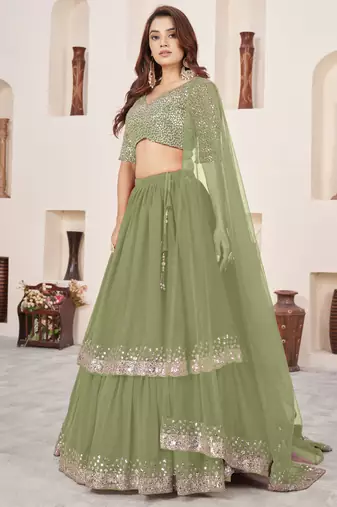Wonderful Olive Sequins Georgette Wedding Wear Lehenga Choli