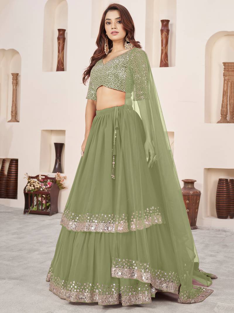 Wonderful Olive Sequins Georgette Wedding Wear Lehenga Choli